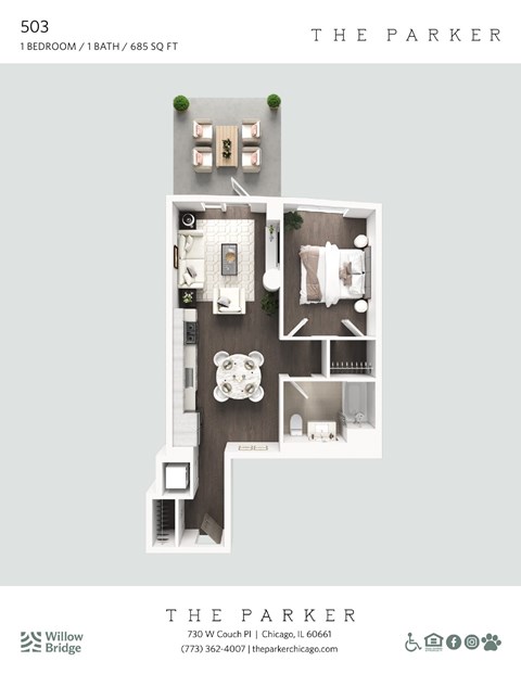 Floor plan for 1 bed, 1 bath, 686 sqft